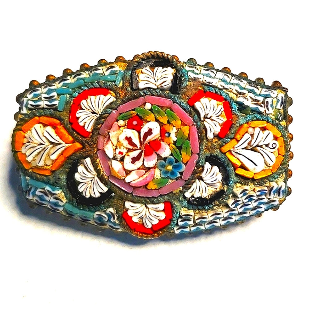 Millefiori Vintage Micro Mosaic Brooch Made In Italy Mid Century Floral Signed